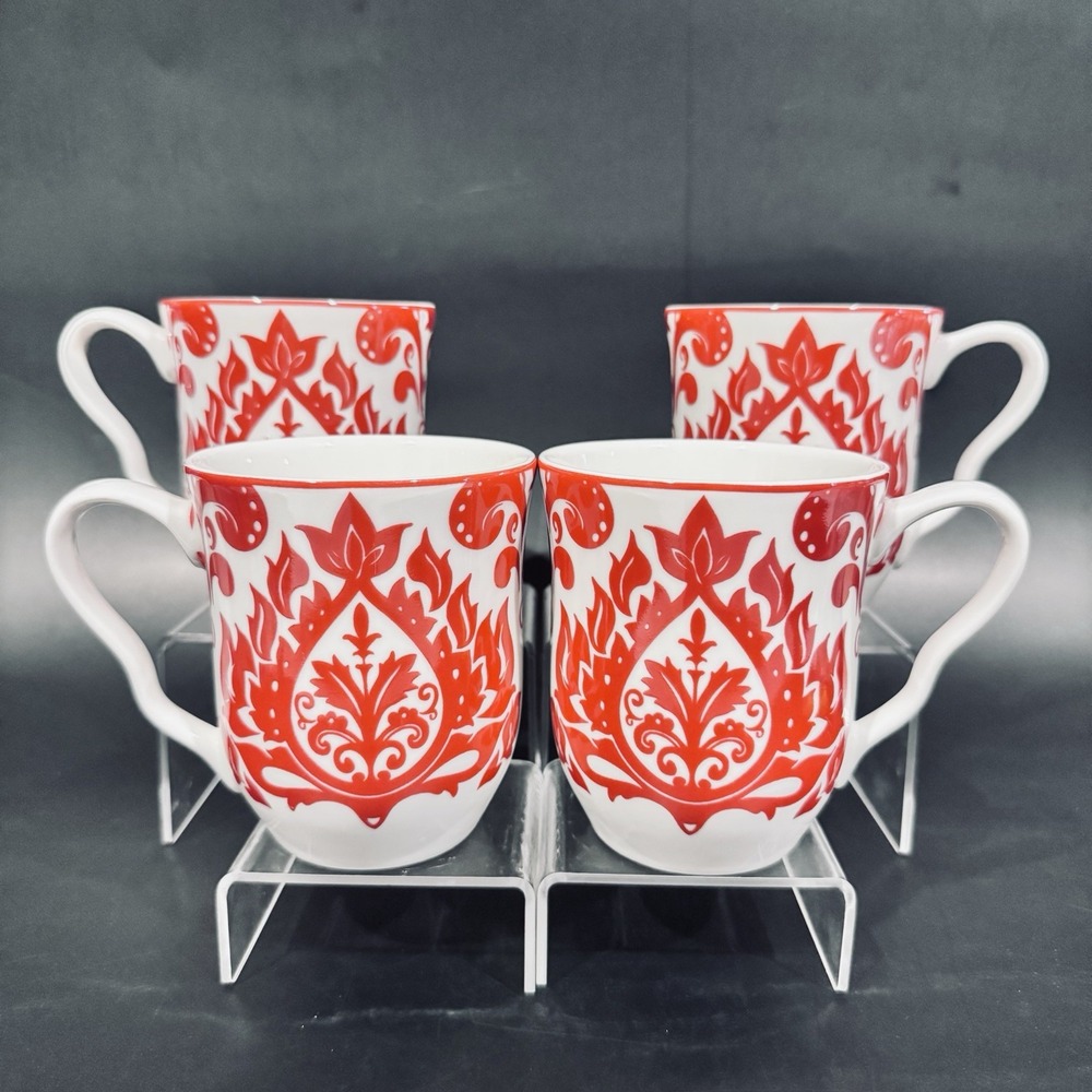 (4) 222 Fifth PTS Muse Red Coffee Tea Mug Cup‎ Discontinued Damascus Pattern EUC